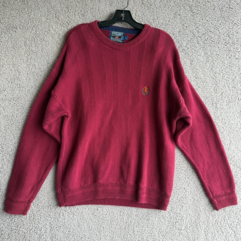 Chaps Ralph Lauren Mens Large Burgundy Chevron Cotton Knit Sweater Vintage
